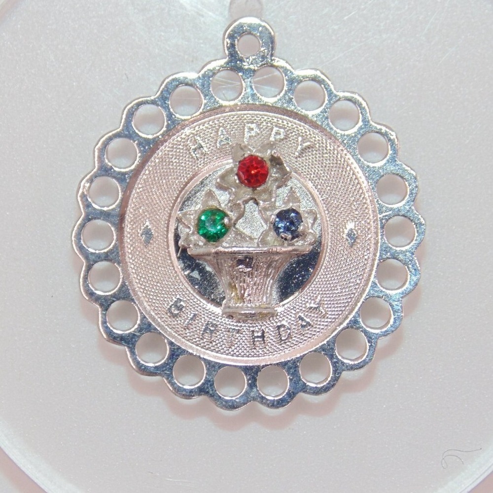 Town & Country Vtg Sterling Silver‎ Happy Birthday Pendant Charm Rhinestones 925